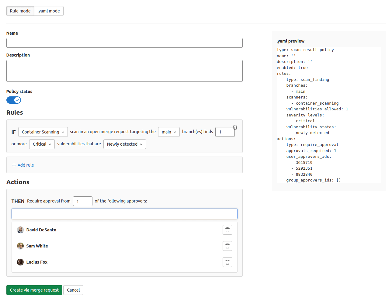 Policy Editor Rule Mode